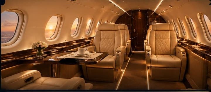 Private jet cabin with cream leather seats at sunset