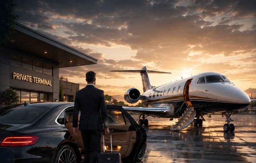 A member walks from a chauffeured car to a waiting private jet