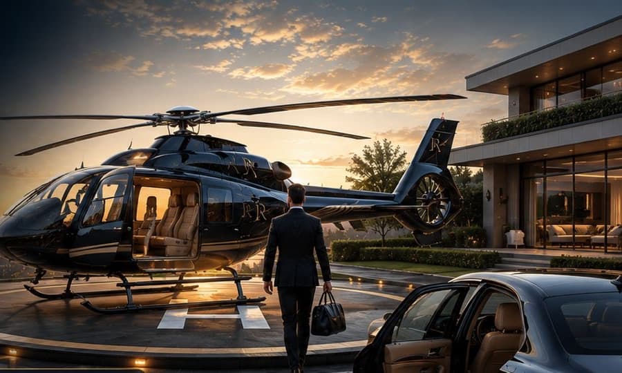 Helicopter waiting on a private residential helipad