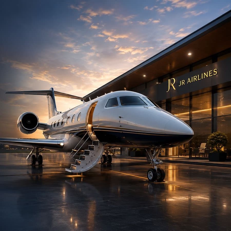 JR Airlines private jet at the terminal at dusk